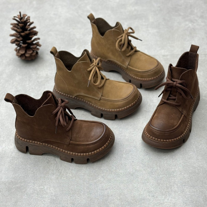 Women's Vintage Leather Lace-Up Boots – Soft Platform Short Ankle Shoes