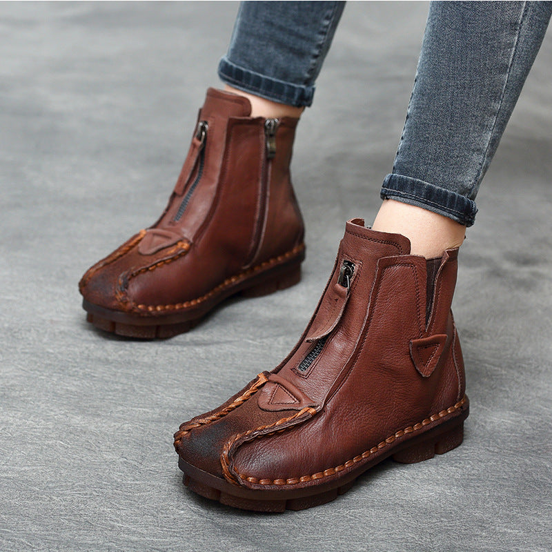 Women's Retro Leather Short Boots – Handmade Stitch Detail & Side Zipper