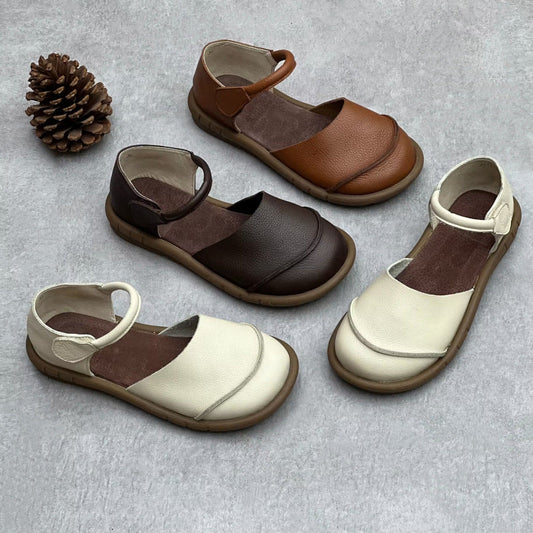 Retro Closed Toe Handmade Genuine Leather Flats Sandals for Women