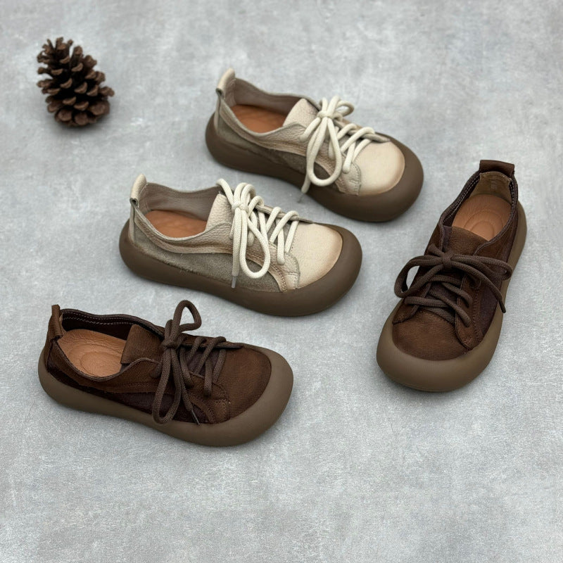 Women's Soft Leather Lace-Up Flats – Round Toe Comfort Shoes