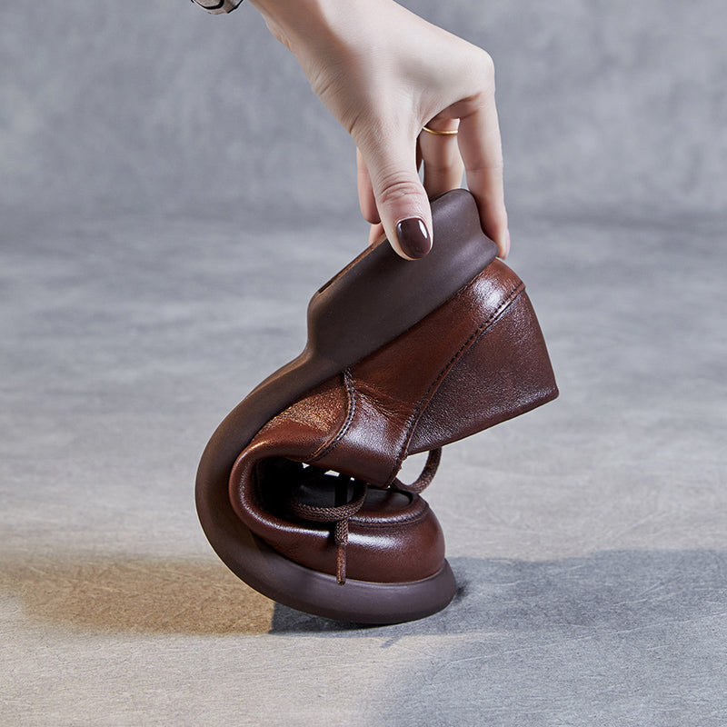 Women's Leather Comfortable Casual Chunky Heel Lace-Up Shoes