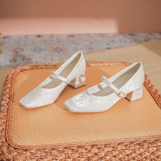 Women's Satin Floral Square Toe Buckle Mid Heel Mary Jane Heel