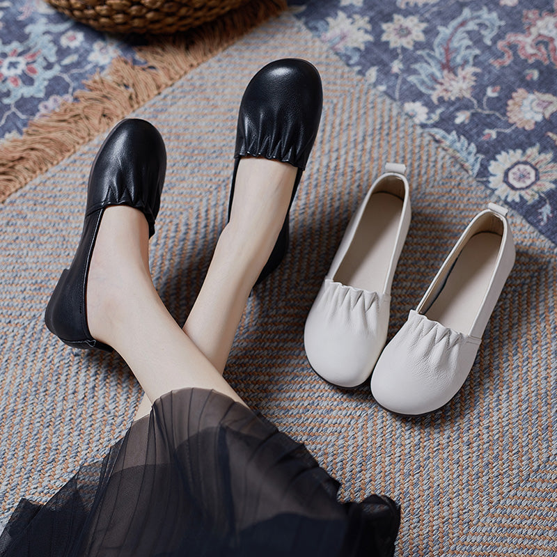 Women's Soft Leather Pleated Daily Slip-On Walking Flats