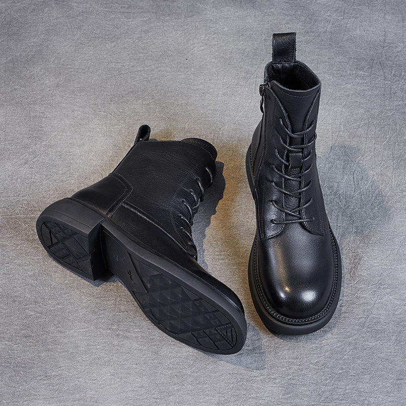 Women's Leather Vintage Zipper Lace Up Block Heel Ankle Boots