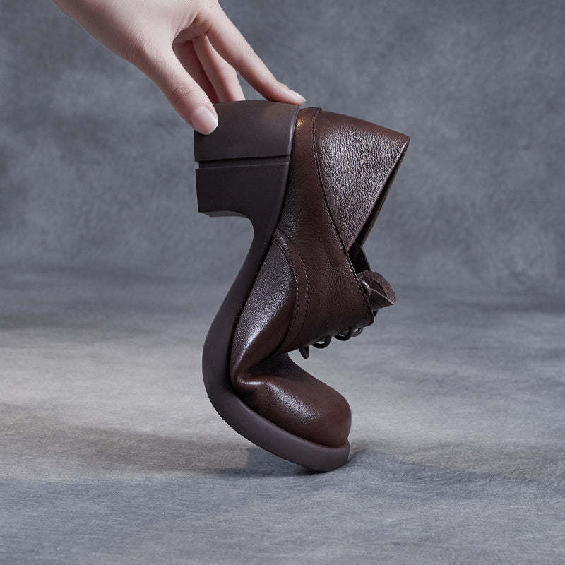 Women's Leather Retro Lace-up Block Heel Oxford Shoes