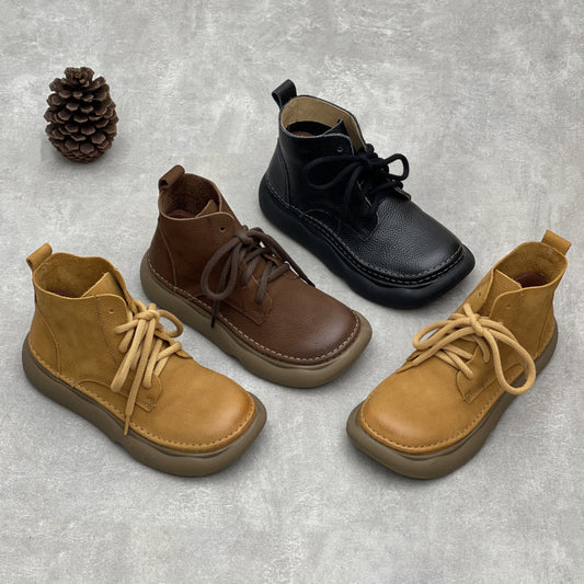 Retro Style Women's Soft Leather Ankle Boots – Platform Lace-Up Short Boots