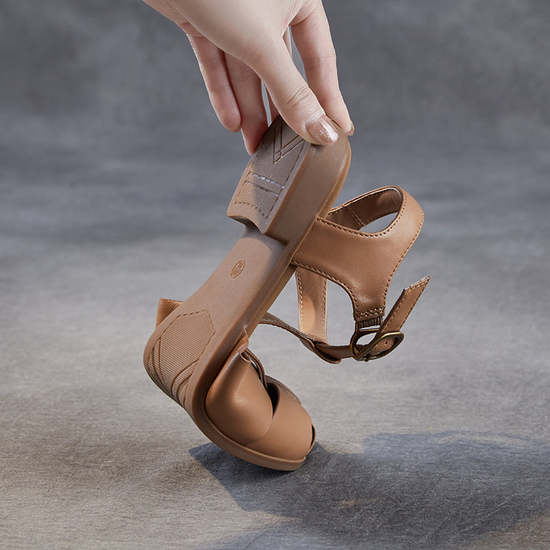 Women's Leather Summer Closed Toe T-Strap Comfort Sandals