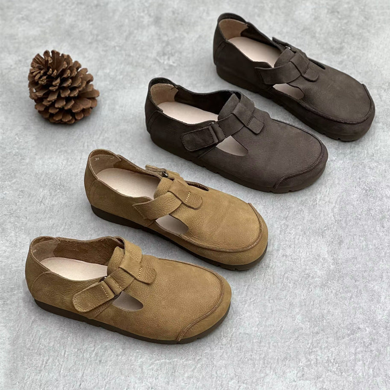 Comfortable Vintage Leather Velcro Mary Jane Flats Womens Shoes