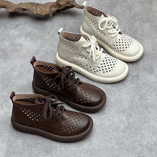 Women's Summer Leather Hole Hollow Out Lace Up Flat Sandal Boots