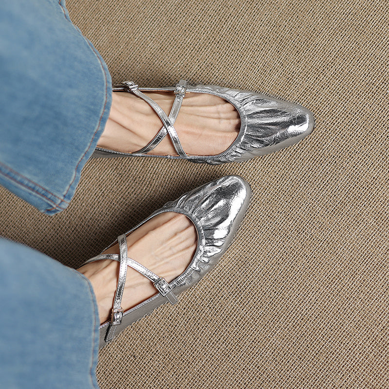 Soft Lambskin Ballet Flats with Pleated Toe - Elegant Cross-Strap Mary Janes