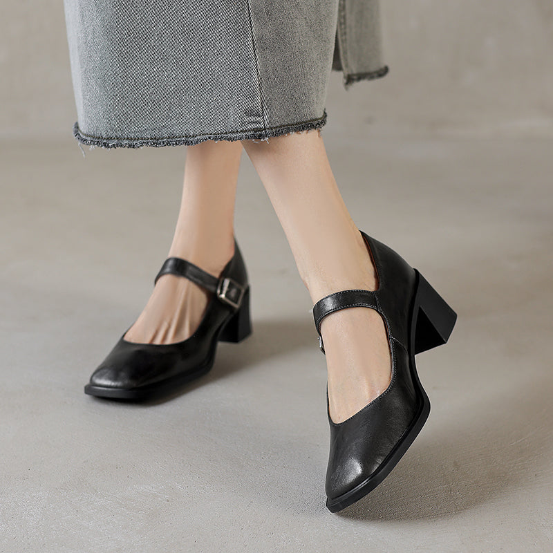 Women's Preppy Style Vintage Chunky Heel Buckle Mary Jane Pump