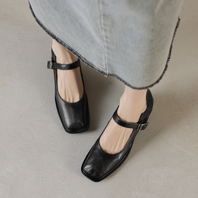 Women's Preppy Style Vintage Chunky Heel Buckle Mary Jane Pump