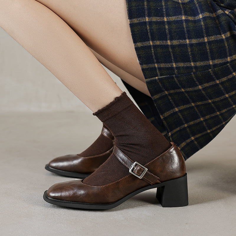 Women's Preppy Style Vintage Chunky Heel Buckle Mary Jane Pump