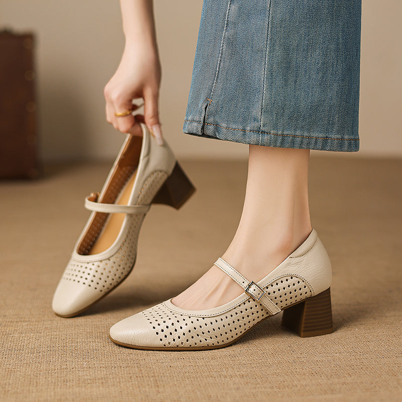 Breathable Leather Heels - Soft Sheepskin Mary Janes - Stable Mid-Heel Summer Shoes