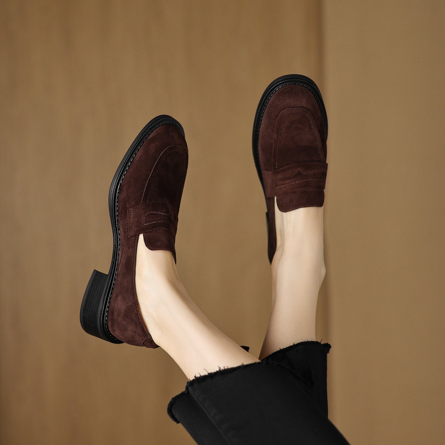 Women's Suede Handmade Block Low Heeled Penny Loafers