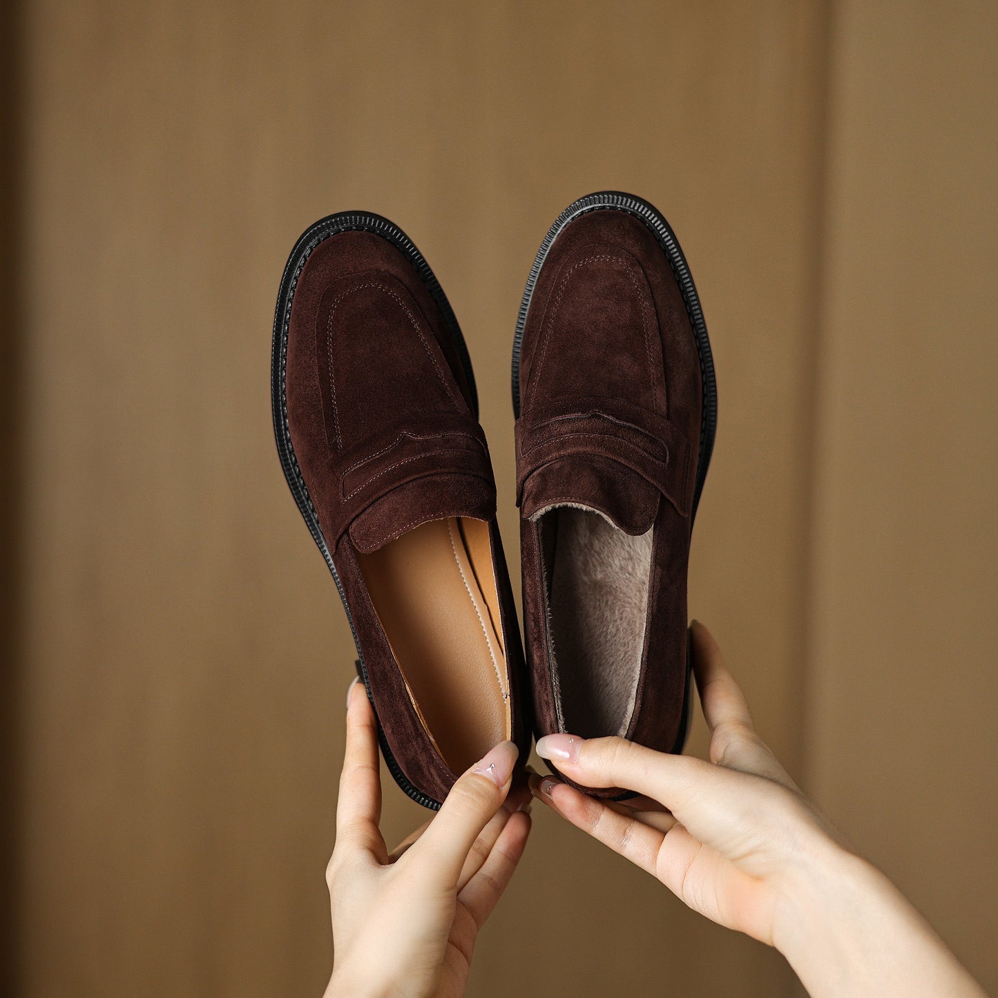 Women's Suede Handmade Block Low Heeled Penny Loafers
