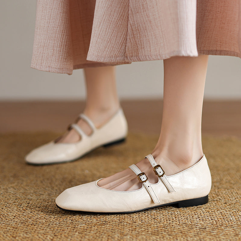 Womens Vintage Handmade Double Buckle Ballet Mary Jane Shoes