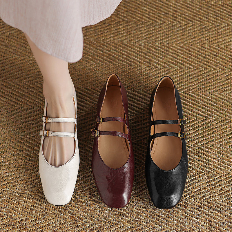 Womens Vintage Handmade Double Buckle Ballet Mary Jane Shoes