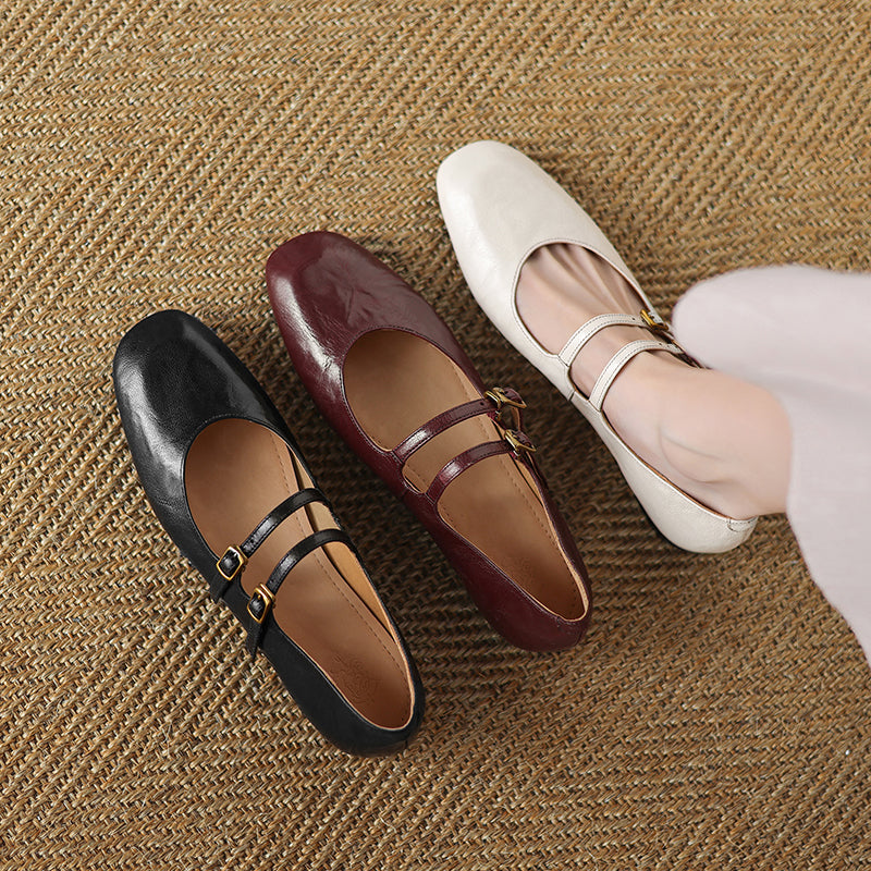 Womens Vintage Handmade Double Buckle Ballet Mary Jane Shoes