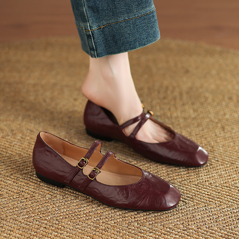 Womens Vintage Handmade Double Buckle Ballet Mary Jane Shoes