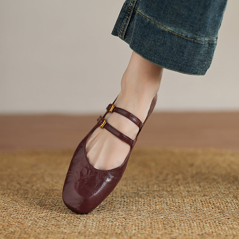 Womens Vintage Handmade Double Buckle Ballet Mary Jane Shoes