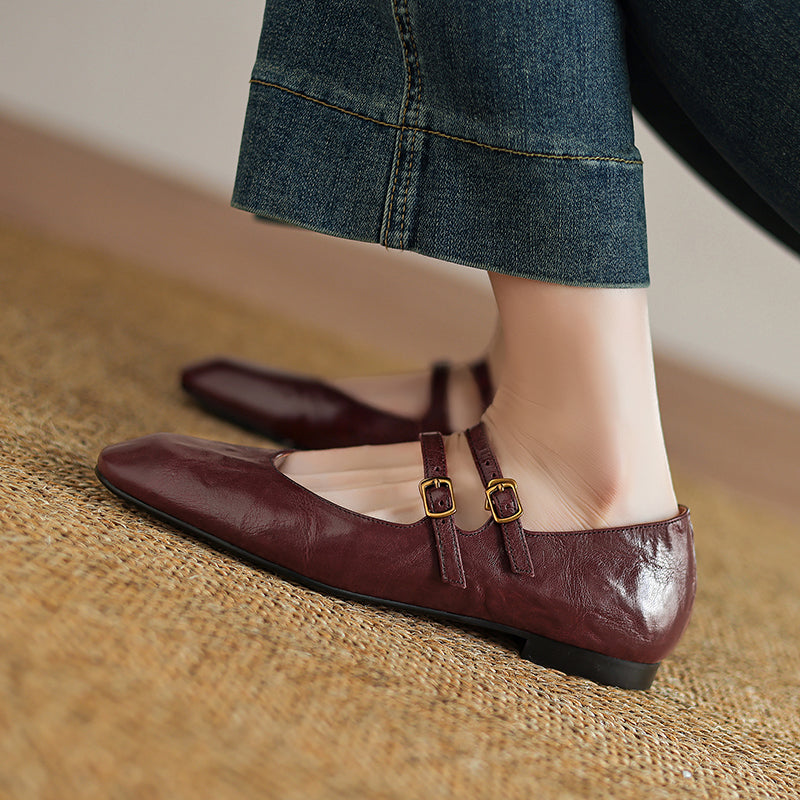 Womens Vintage Handmade Double Buckle Ballet Mary Jane Shoes