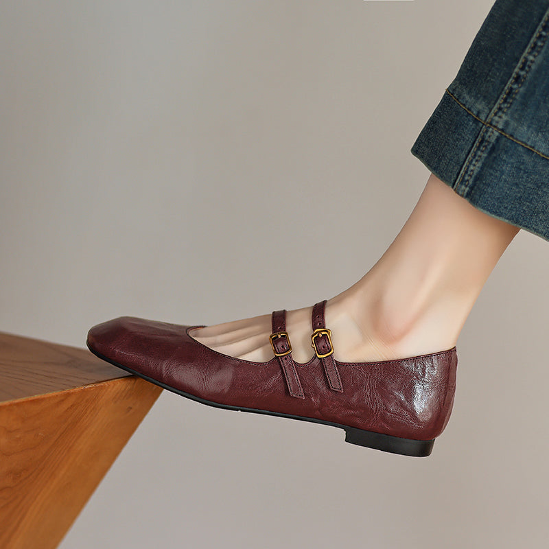 Womens Vintage Handmade Double Buckle Ballet Mary Jane Shoes
