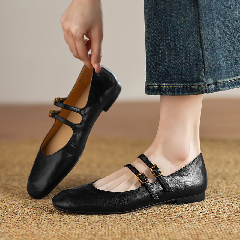 Womens Vintage Handmade Double Buckle Ballet Mary Jane Shoes