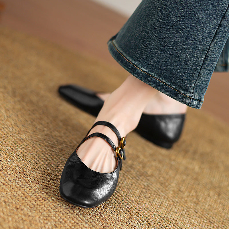 Womens Vintage Handmade Double Buckle Ballet Mary Jane Shoes