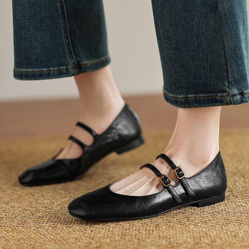 Womens Vintage Handmade Double Buckle Ballet Mary Jane Shoes