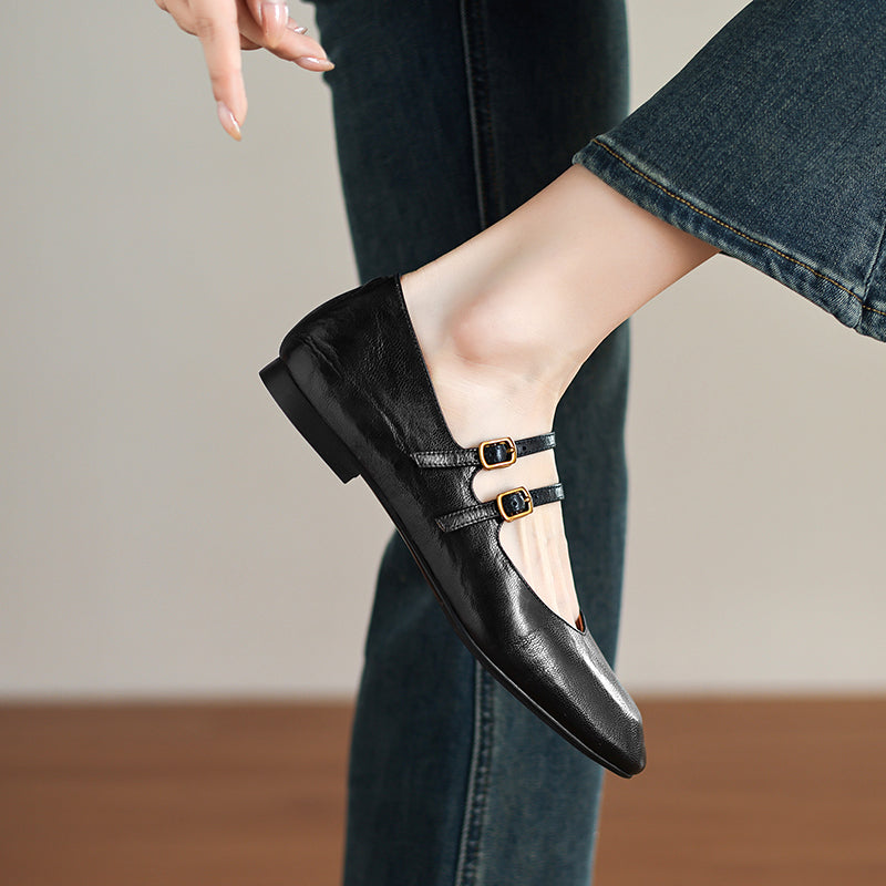 Womens Vintage Handmade Double Buckle Ballet Mary Jane Shoes