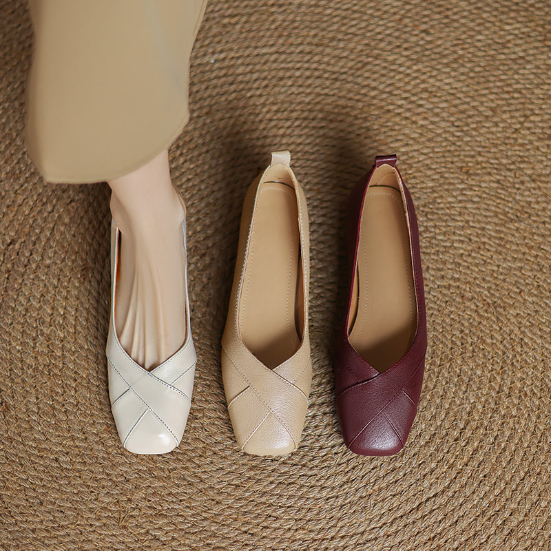 Handmade Customized Leather Square Toe Comfortable Ballet Flats Women's Shoes