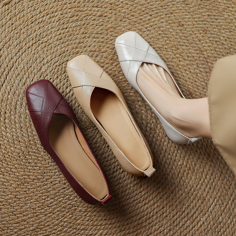 Handmade Customized Leather Square Toe Comfortable Ballet Flats Women's Shoes