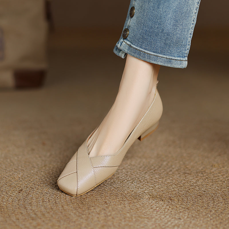 Handmade Customized Leather Square Toe Comfortable Ballet Flats Women's Shoes