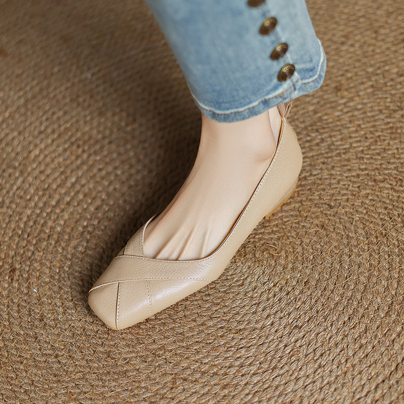 Handmade Customized Leather Square Toe Comfortable Ballet Flats Women's Shoes