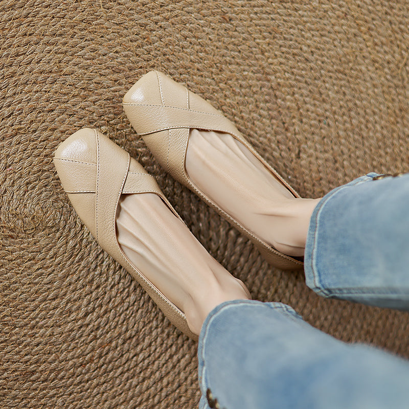 Handmade Customized Leather Square Toe Comfortable Ballet Flats Women's Shoes