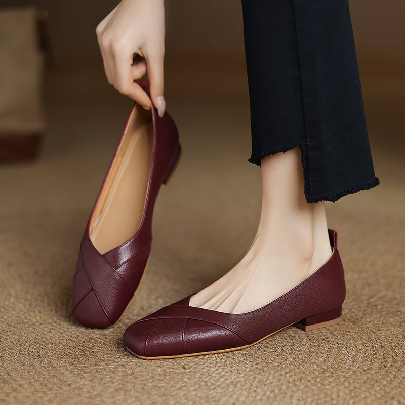 Handmade Customized Leather Square Toe Comfortable Ballet Flats Women's Shoes