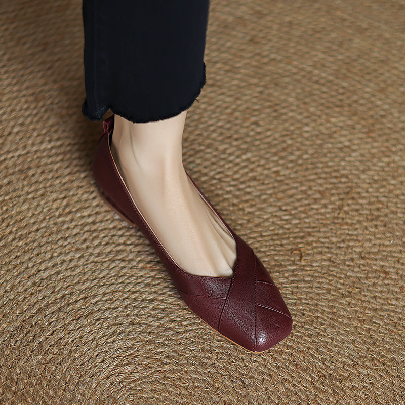 Handmade Customized Leather Square Toe Comfortable Ballet Flats Women's Shoes