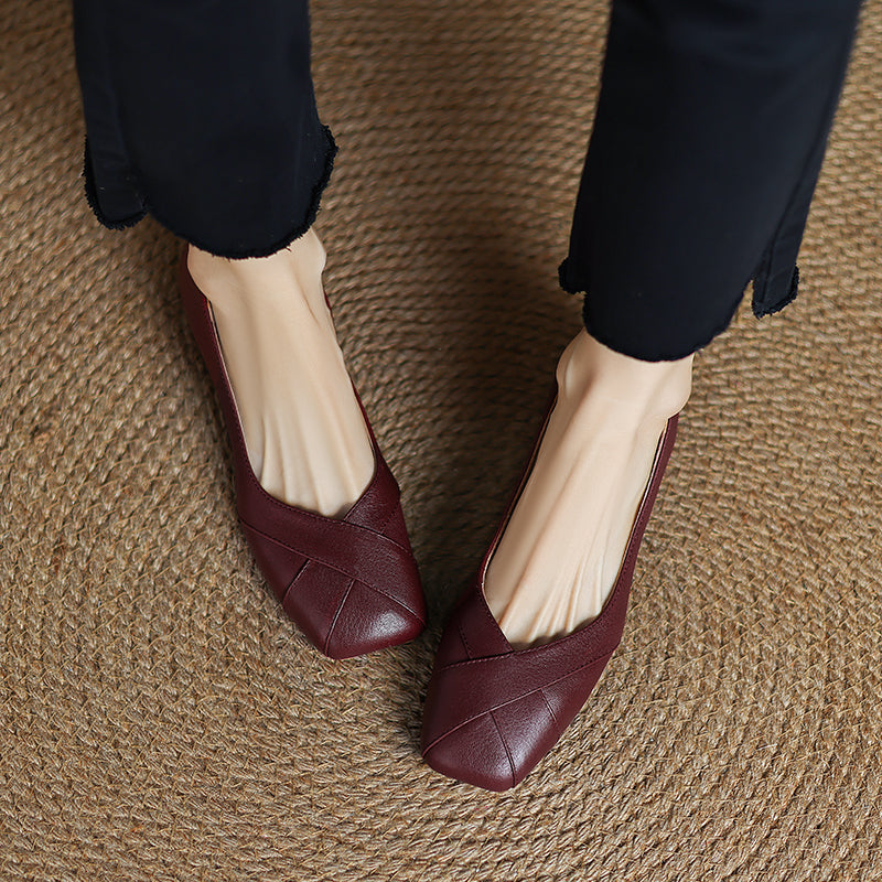 Handmade Customized Leather Square Toe Comfortable Ballet Flats Women's Shoes