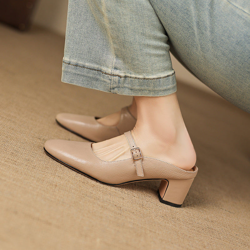 Women's Sheepskin Mary Jane Mules - 5.5cm Chunky Block Heel Adjustable Buckle Strap