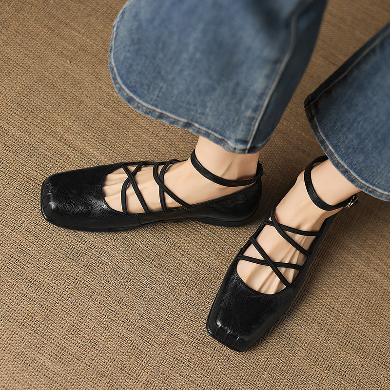 Women's Sheepskin Flats - Block Heel - Square Toe Strappy Mary Janes