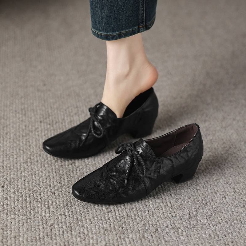 Artisanal Pointed Toe Leather Shoes - Sheepskin Lace-Up Pumps - Stable Mid-Heel Professional Footwear