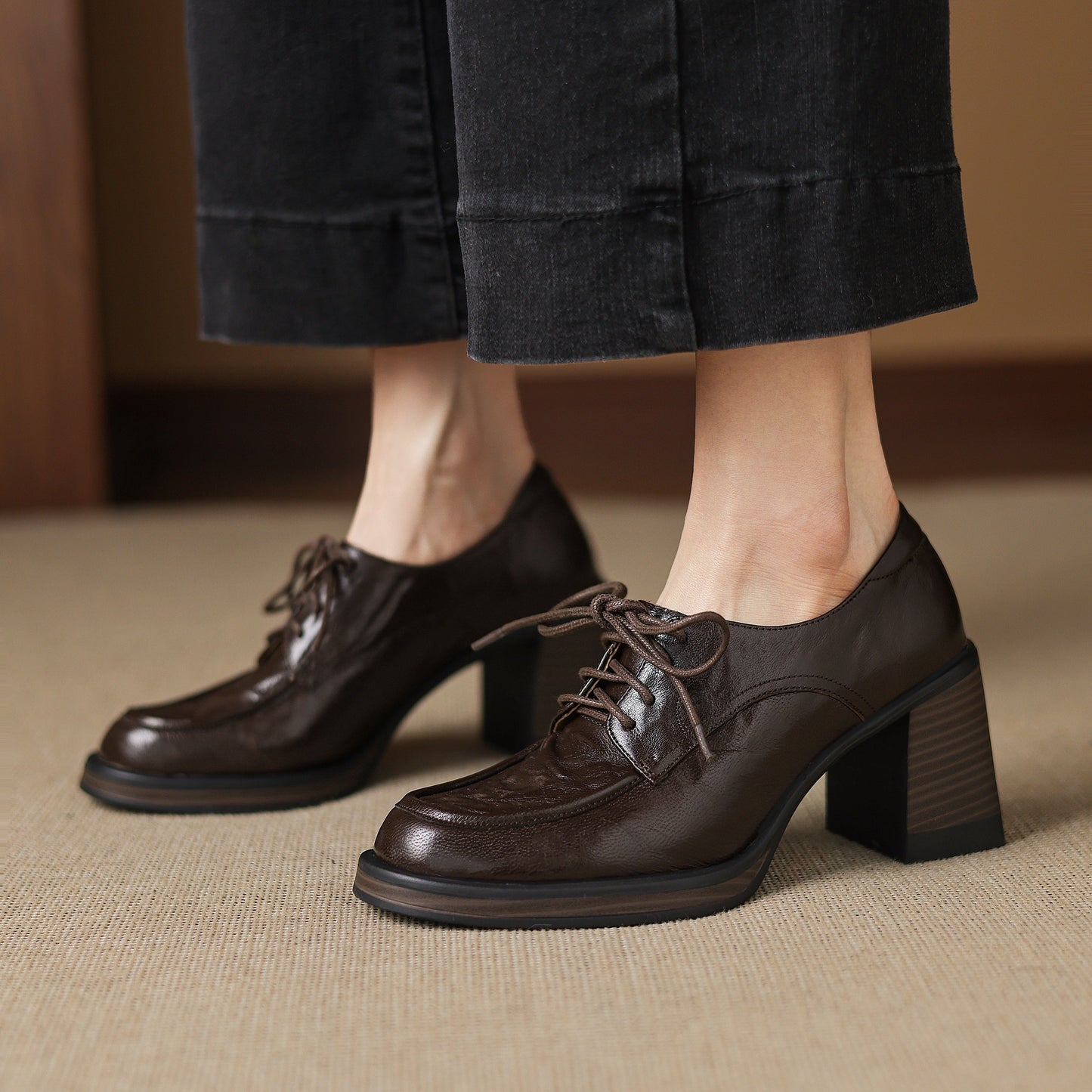 Women's Handmade Sheepskin Oxford Shoes – Business Style Block High Heels