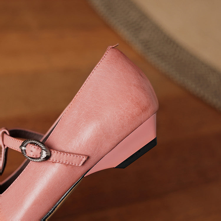 Women's Handmade Vintage Cowhide T-Strap Mary Jane Low Heel Buckle Shoes