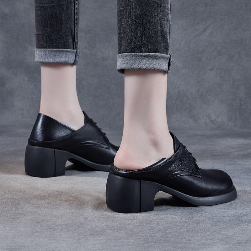 Women's Leather Retro Lace-up Block Heel Oxford Shoes