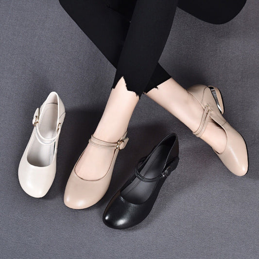 Women's Genuine Leather Pointed-Toe Low-Heel Velcro Mary Jane Shoes