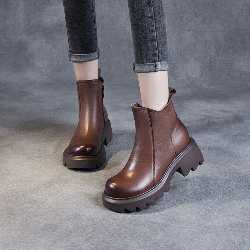 Women's Leather Ankle Boots – Platform Chunky Mid Heel with Side Zipper