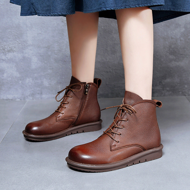 Women's Retro Leather Ankle Boots – Flat Sole, Lace-Up & Zipper