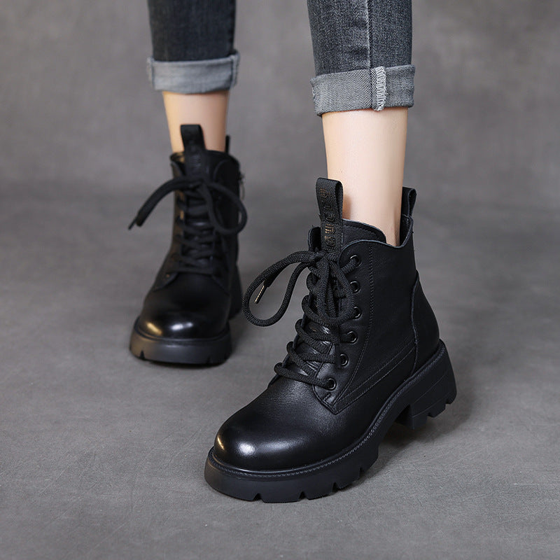 Women's Retro Platform Leather Ankle Boots – Zip & Lace-Up Design