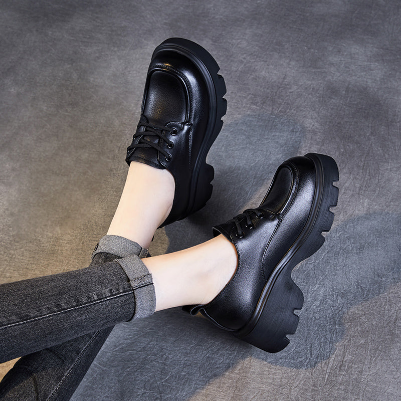 Women's Leather Chunky Heel Lace-Up Oxfords